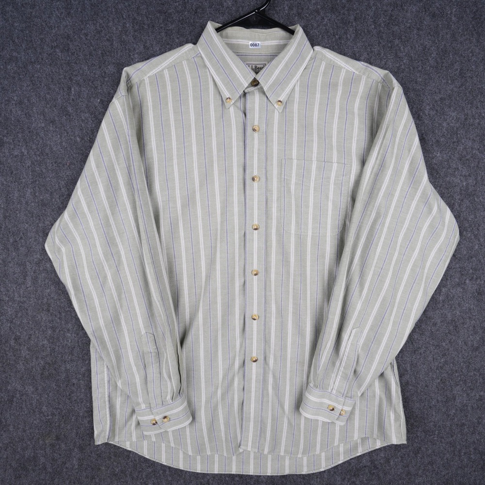 L.L. Bean Striped Button Down Shirt Mens L Green Purple Excellent Cotton 0FWA4